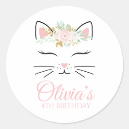 Pegatina Redonda Floral Kitten Birthday Party Pegatinas kitty face