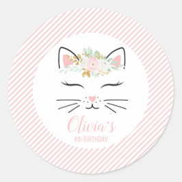 Pegatina Redonda Floral Kitten Birthday Party Pegatinas kitty face