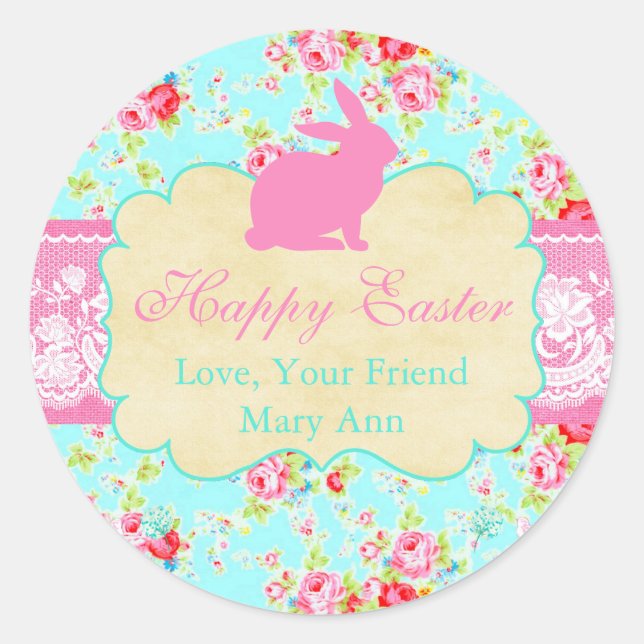 Pegatina Redonda Floral Lace Shabby Chic Feliz Pascua Personalizada (Anverso)