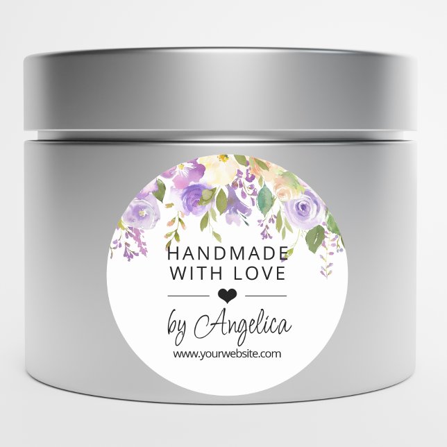 Pegatina Redonda Floral Lavanda Lilac Pequeña Empresa Amor a mano (Floral Lavender Lilac Small Business Handmade Love Classic Round Sticker)