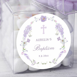 Pegatina Redonda Floral Lilac Lavender Wreath Baptism