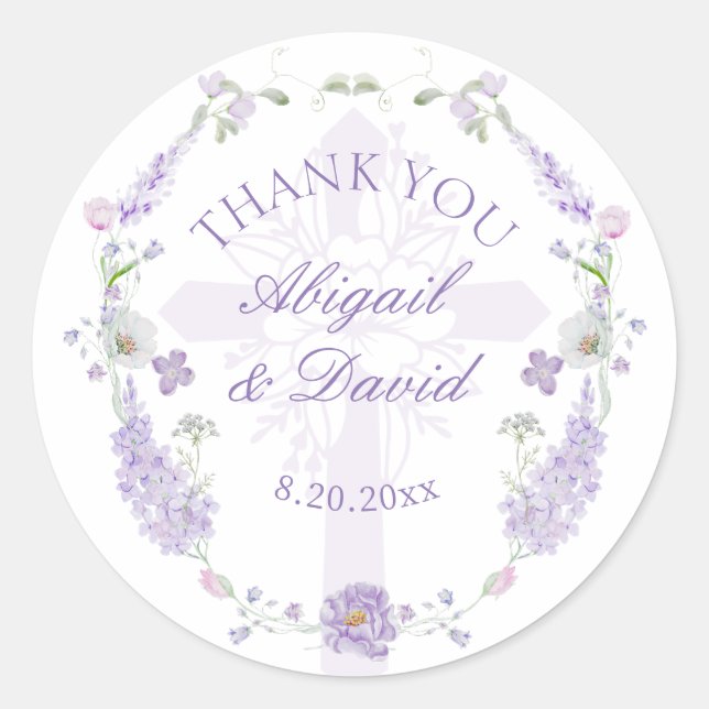 Pegatina Redonda Floral Lilac Lavender Wreath Religious Wedding (Anverso)