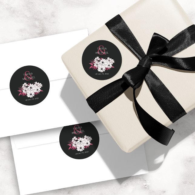 Pegatina Redonda Floral magenta negra elegante (Subido por el creador)