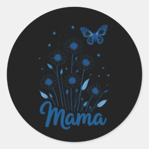 Pegatina Redonda Floral Mama Script con mariposa azul