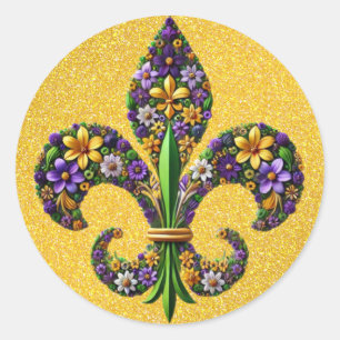 Pegatina Redonda Floral Mardi Gras fleur de lis