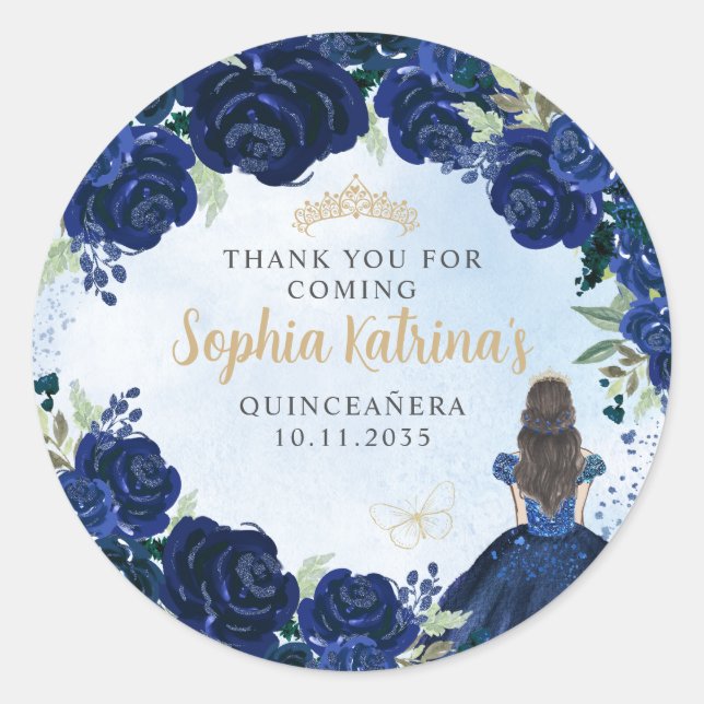 Pegatina Redonda Floral Marina Oro Azul Quinceanera Favor de Cumple (Anverso)
