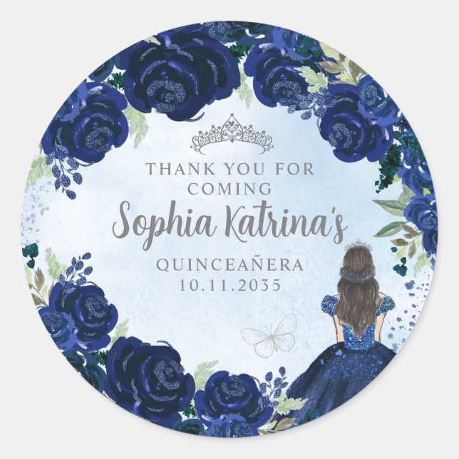 Pegatina Redonda Floral Marina Plata Azul Quinceanera Favor de Cump (Anverso)