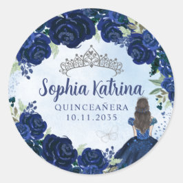 Pegatina Redonda Floral Marina Plata Azul Quinceanera Favor de Cump
