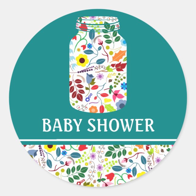 Pegatina Redonda Floral Mason Jar Baby Shower (Anverso)