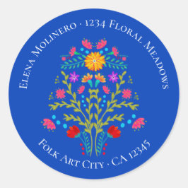 Pegatina Redonda Floral Mexicana Fiesta Flores Dirección Azul Real
