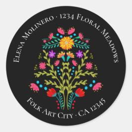 Pegatina Redonda Floral Mexicana Fiesta Flores Dirección Negra