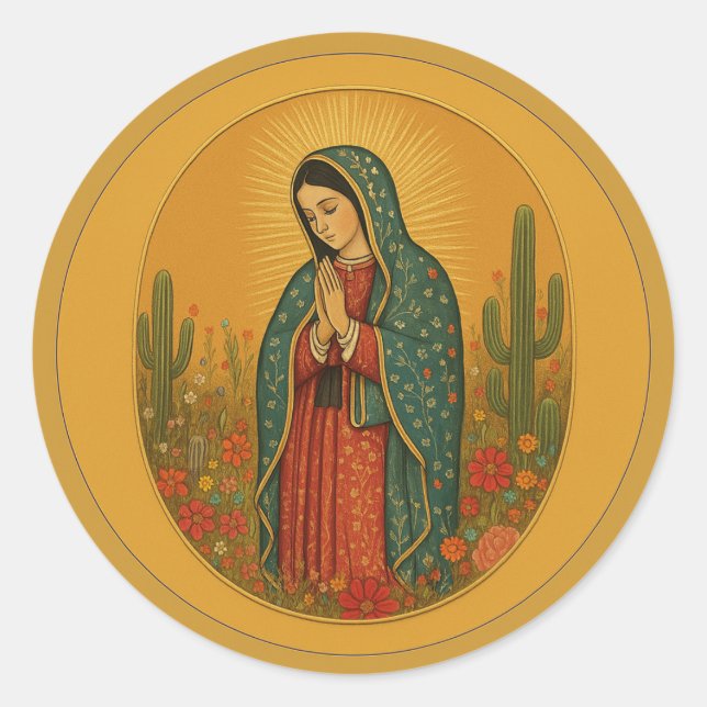 Pegatina Redonda Floral mexicana Mary Guadalupe Religiosa (Anverso)