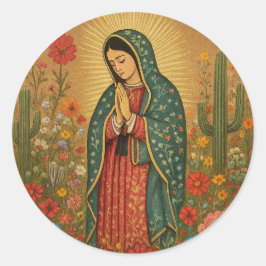 Pegatina Redonda Floral mexicana Mary Guadalupe Religiosa