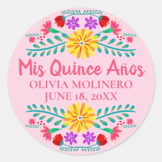 Pegatina Redonda Floral Mis Quince Anos Fiesta Mexicana Rosa (Anverso)