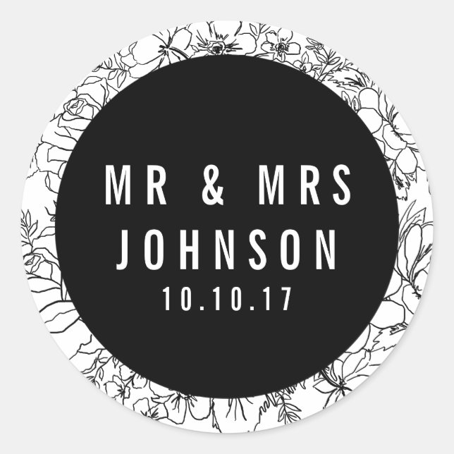 Pegatina Redonda Floral moderna en blanco y negro Sr. y Sra. pegati (Anverso)