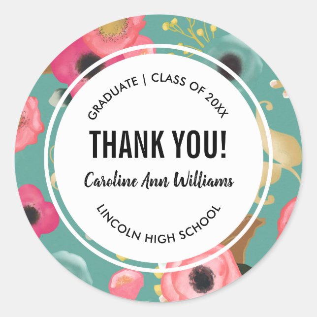 Pegatina Redonda Floral moderna Gracias Graduación (Anverso)