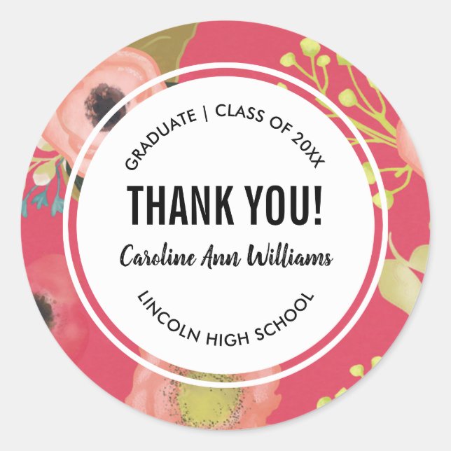 Pegatina Redonda Floral moderna Gracias Graduación (Anverso)