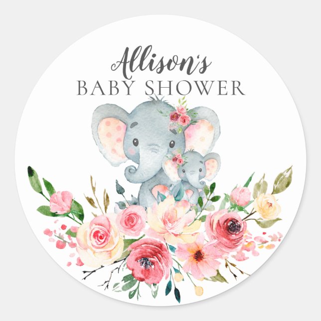 Pegatina Redonda Floral Mom & Baby Elephant Baby Shower (Anverso)