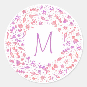 Pegatina Redonda Floral Monograma en rosa coral y púrpura