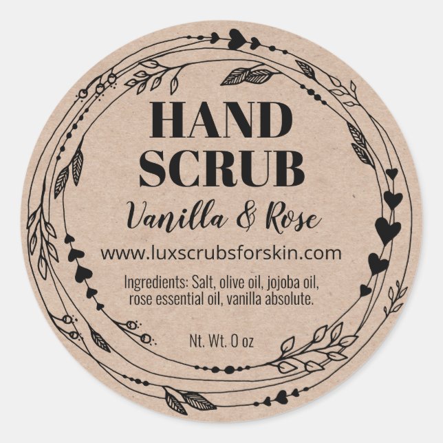 Pegatina Redonda Floral Natural Hand Hand Scrub Kraft Labores (Anverso)