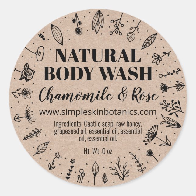 Pegatina Redonda Floral Natural Homemade Body Wash Labs (Anverso)