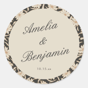 Pegatina Redonda Floral Negra Marfil Personalizada Boda con Estilo