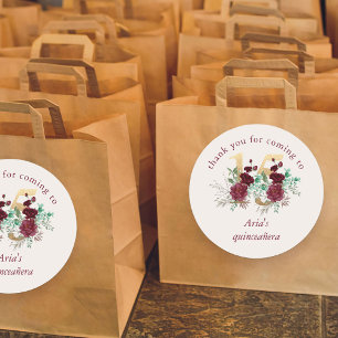 Pegatina Redonda Floral número 15 marfil rojo y quinceañera dorad