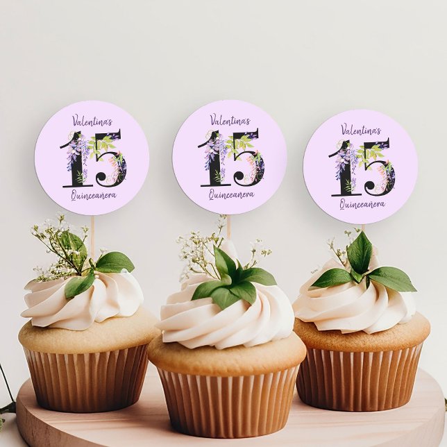 Pegatina Redonda Floral número 15 Wisteria púrpura Quinceanera (15th Birthday Stickers from my Purple Wisteria Quinceanera Collection)