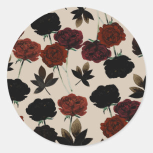 Pegatina Redonda Floral Oscuro en Negrita Rojo y Beige Negro Botáni