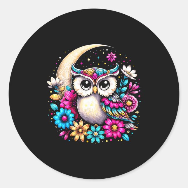 Pegatina Redonda Floral Owl And Moon  (Anverso)