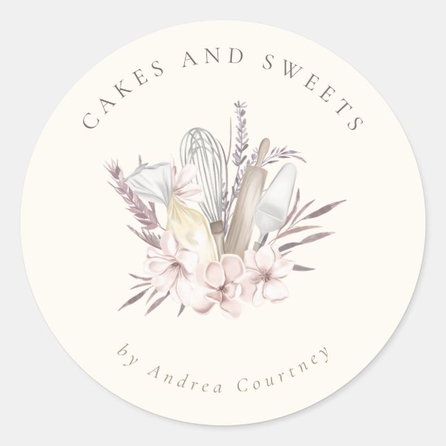 Pegatina Redonda Floral Panadería Pastelería Chef Hornear Utensilio (Anverso)