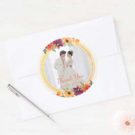 Pegatina Redonda Floral pareja foto beige boda gracias