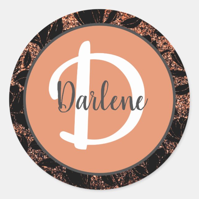 Pegatina Redonda Floral Pastel Coral Peach Elegante Monogramado Nom (Anverso)