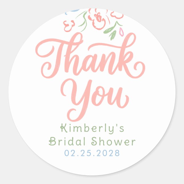 Pegatina Redonda Floral Pastel Whimsical Bridal Shower Thank You  (Anverso)