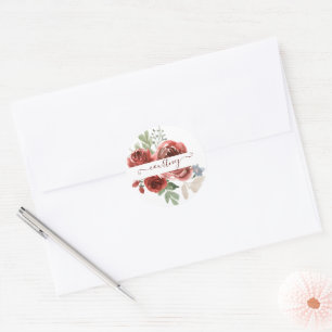 Pegatina Redonda Floral personalizado de acuarela rojo intenso