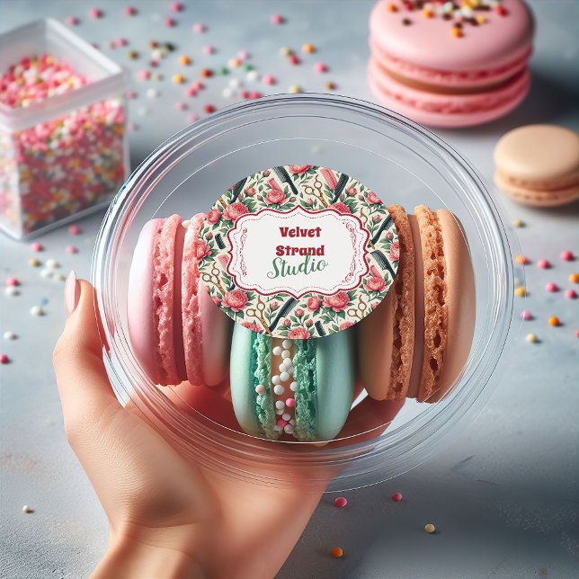 Pegatina Redonda Floral Pink Green Hair Stylist Business (Subido por el creador)