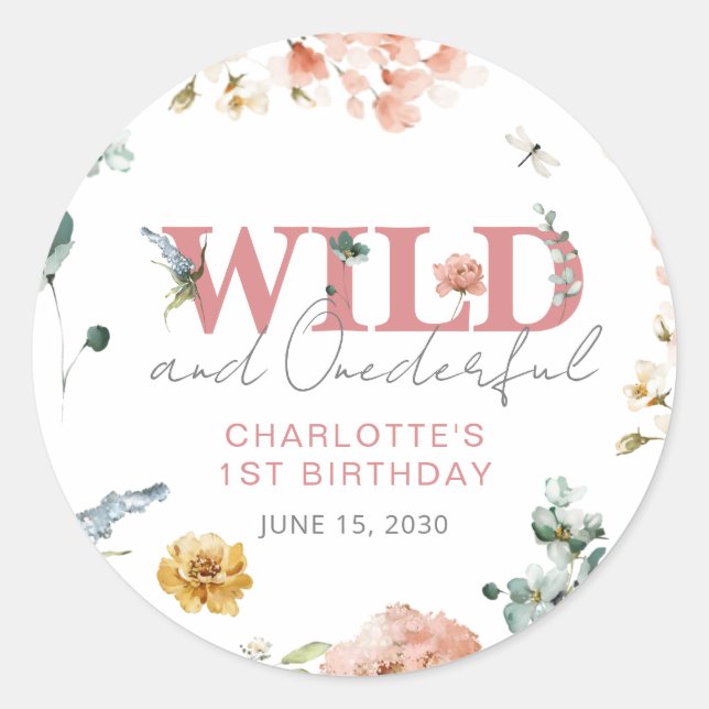 Pegatina Redonda Floral Pink Wild & Onemaravilloso Chica Primer cum (Anverso)