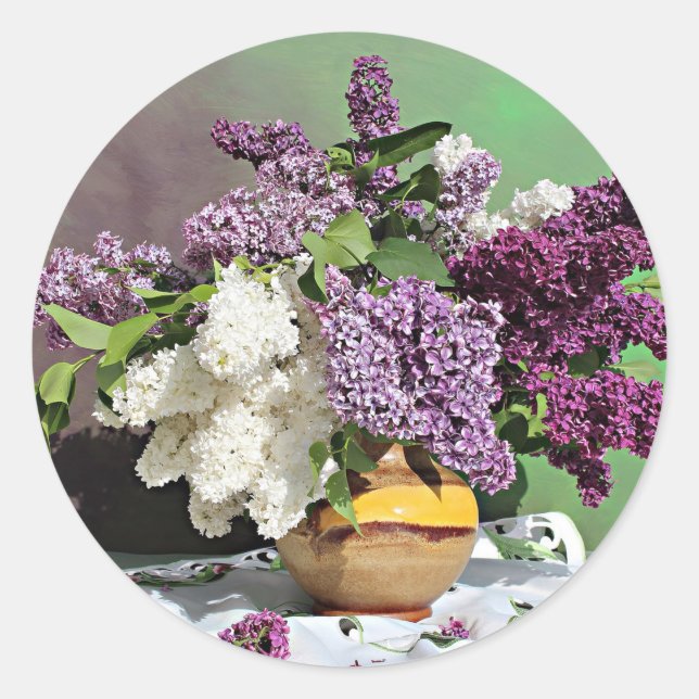 Pegatina Redonda Floral Purple and White Lilacs Bouquet Photo (Anverso)