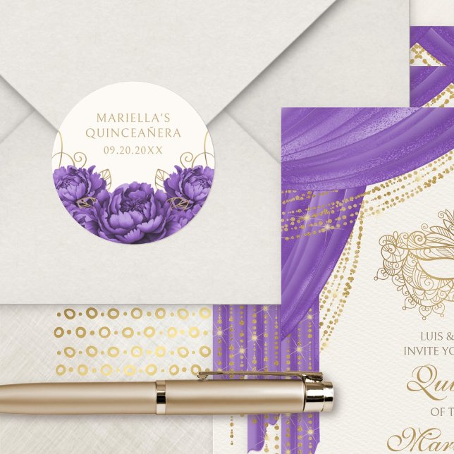 Pegatina Redonda Floral púrpura elegante Quinceanera (Subido por el creador)