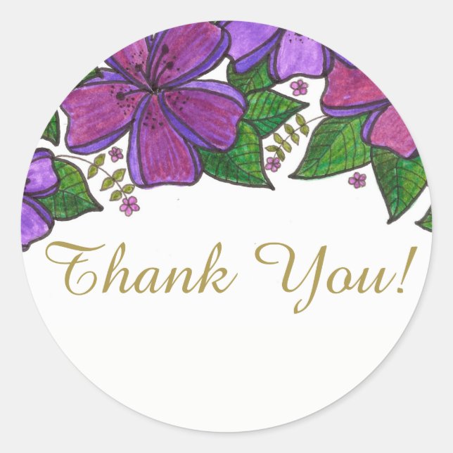 Pegatina Redonda Floral púrpura gracias (Anverso)