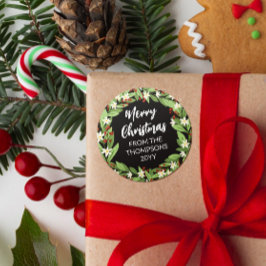 Pegatina Redonda Floral Red Berry Greeneration Wreath Merry Christm
