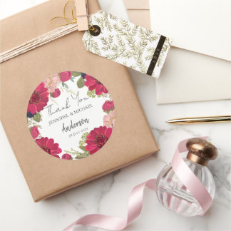 Pegatina Redonda Floral Red Green Wedding Thank You