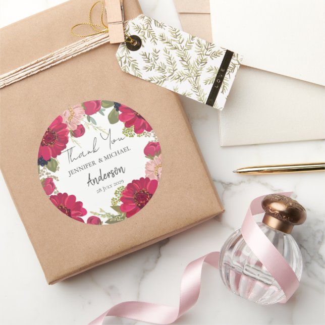 Pegatina Redonda Floral Red Green Wedding Thank You (Regalar)