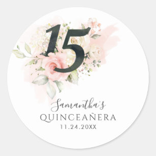 Pegatina Redonda Floral rosa 15 cumpleaños Quinceanera verde