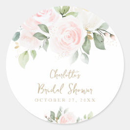 Pegatina Redonda Floral rosa acuarela dorada ducha de novia