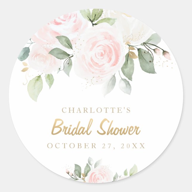 Pegatina Redonda Floral rosa acuarela dorada ducha de novia (Anverso)