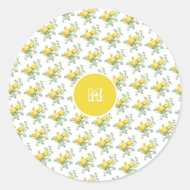 Pegatina Redonda Floral rosa amarillo vintage elegante (Anverso)