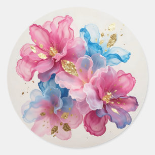 Pegatina Redonda Floral Rosa Azul Dorado de Lujo