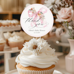 Pegatina Redonda Floral Rosa Bow Elegant Baby Shower Gracias