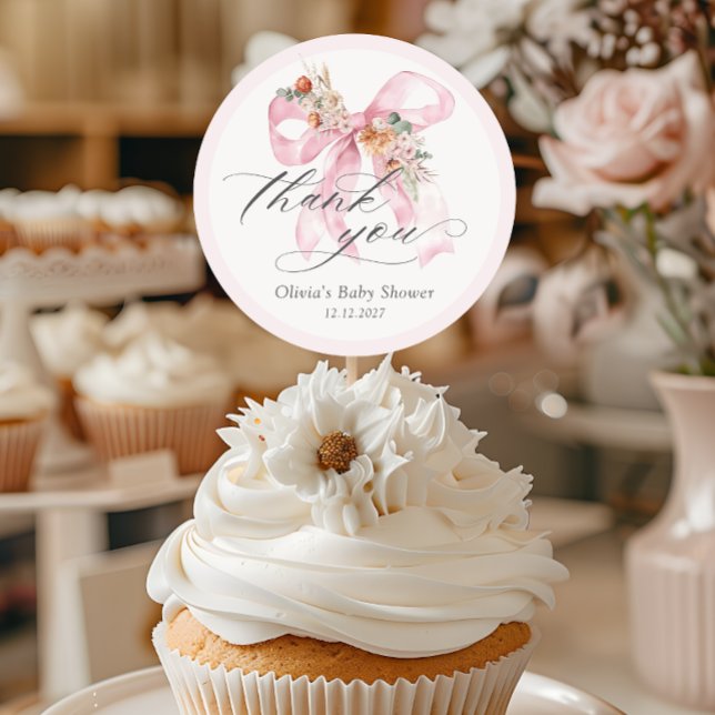 Pegatina Redonda Floral Rosa Bow Elegant Baby Shower Gracias (Subido por el creador)